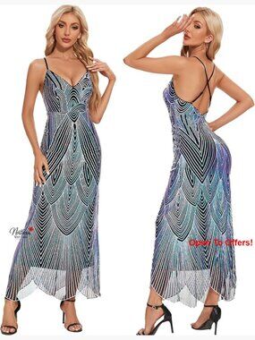 Sequin Sparkly Glitter V Neck Spaghetti Straps Backless Maxi Prom Dress